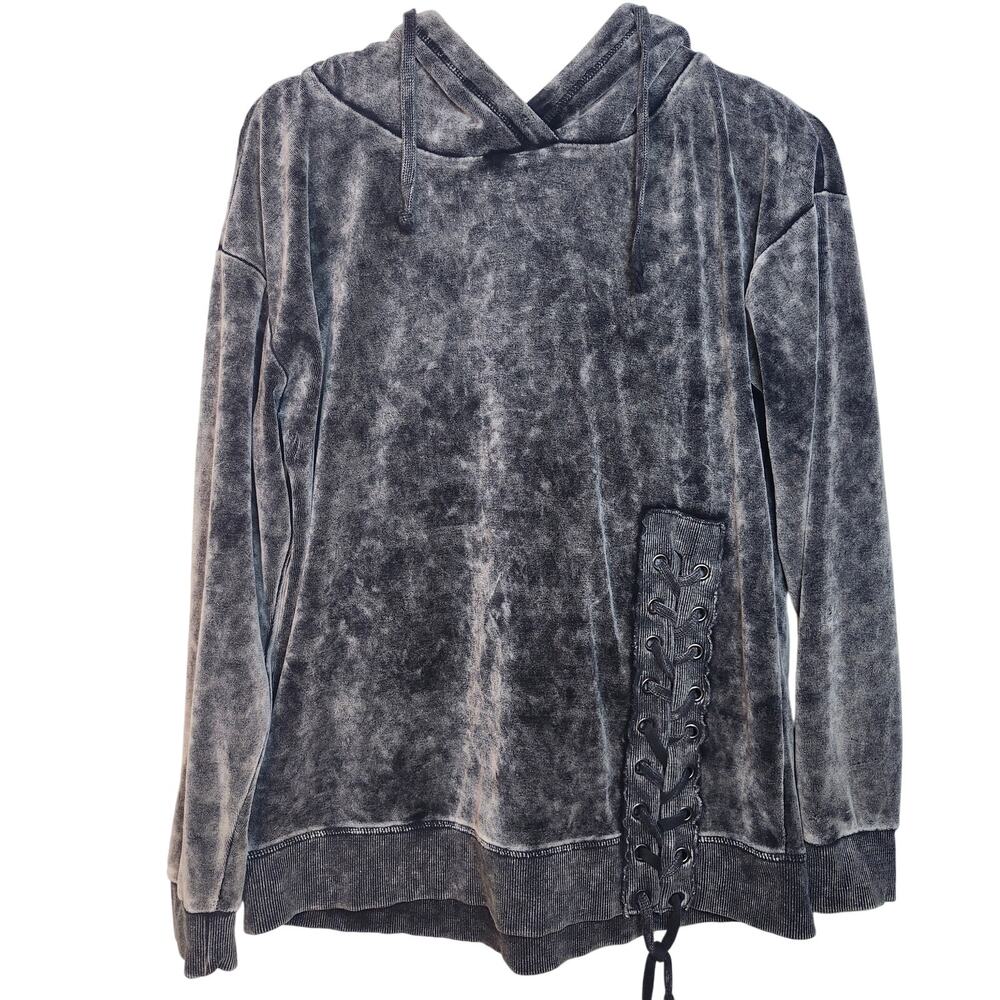 Vintage Havana Small Gray Velour Acid Wash Hoodie with Lace Up Detail